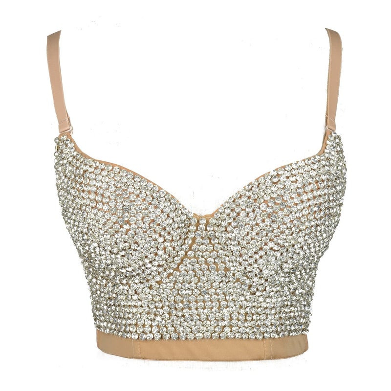 ELLACCI Women's Rhinestone Diamond Push up Bustier Crop Top Sexy Punk Corset Bra Khaki Large - Image 2